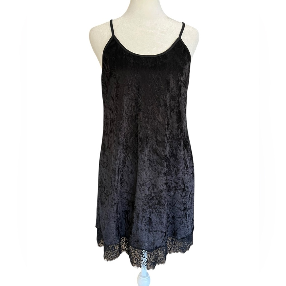 VALFRE Black LBD Crushed Velvet Lace Trim Goth Grunge Y2K Stretch Slip Dress SzL